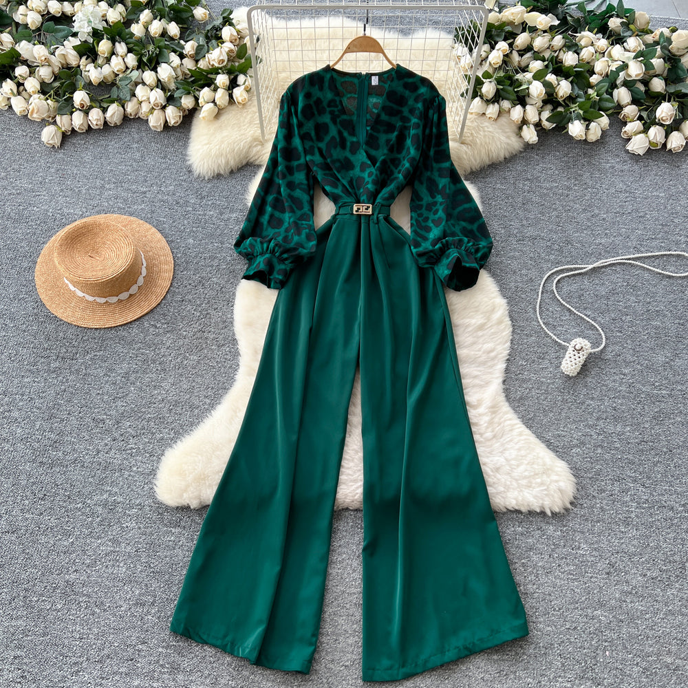 Accessible luxuryfashionclassy sense leopard print jumpsuit women's autumn puff sleeves cross collar wide leg drapedilm slimming look royal sister pants