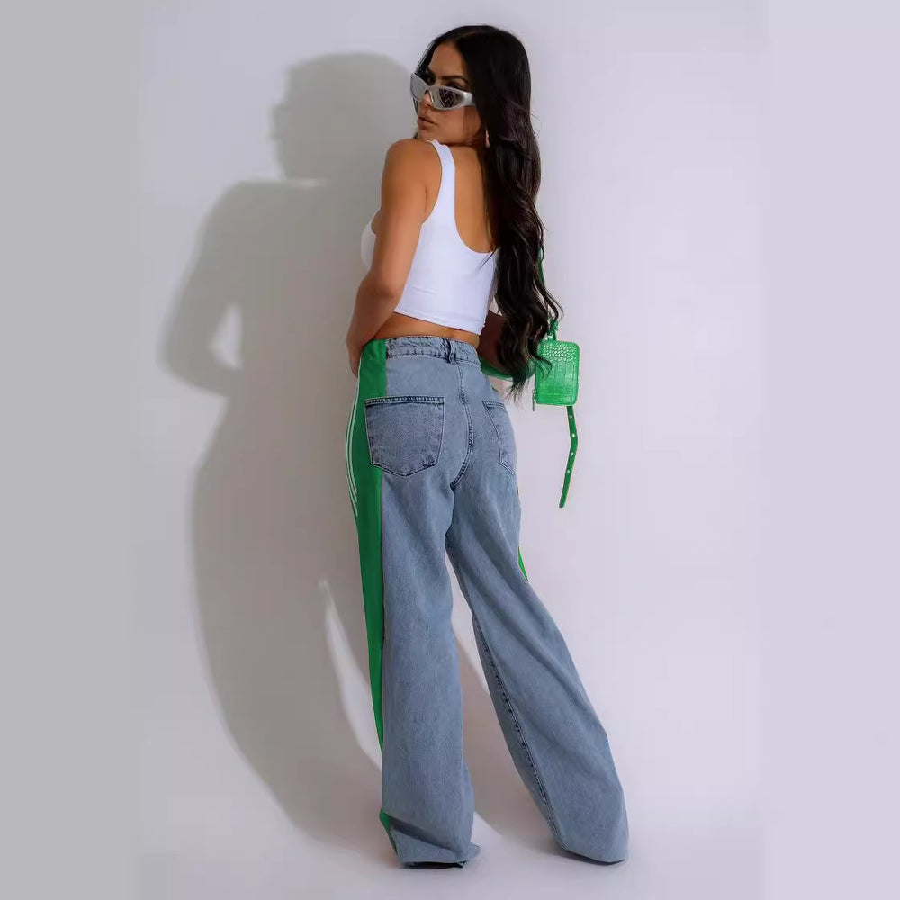 summer fashion patchwork three-stripe wide-leg denim pants - new women's casual high-waisted stretch straight-leg trousers