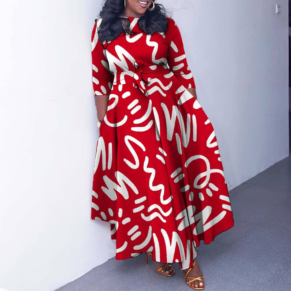 women's autumn fashion dress: european and american style, plus size, stylish print, elegant, tie-waist, a-line silhouette, suitable for cross-border e-commerce