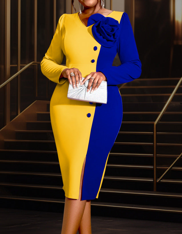 Personalized color block rose print dress - party banquet v-neck long sleeve midi evening gown