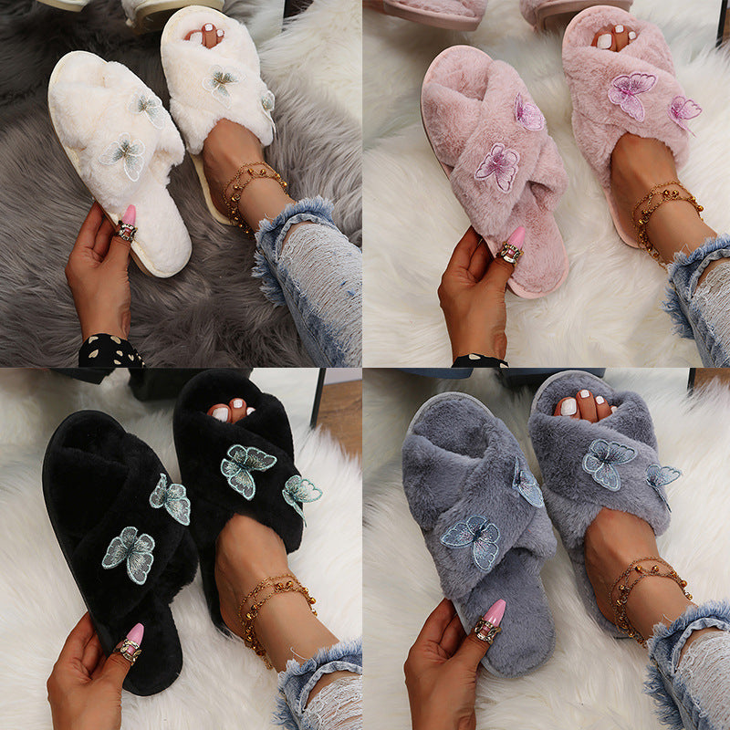 winternew arrival butterfly stuffed cotton slippers home indoor and outdoor heattech cross cotton slippers furry slippers
