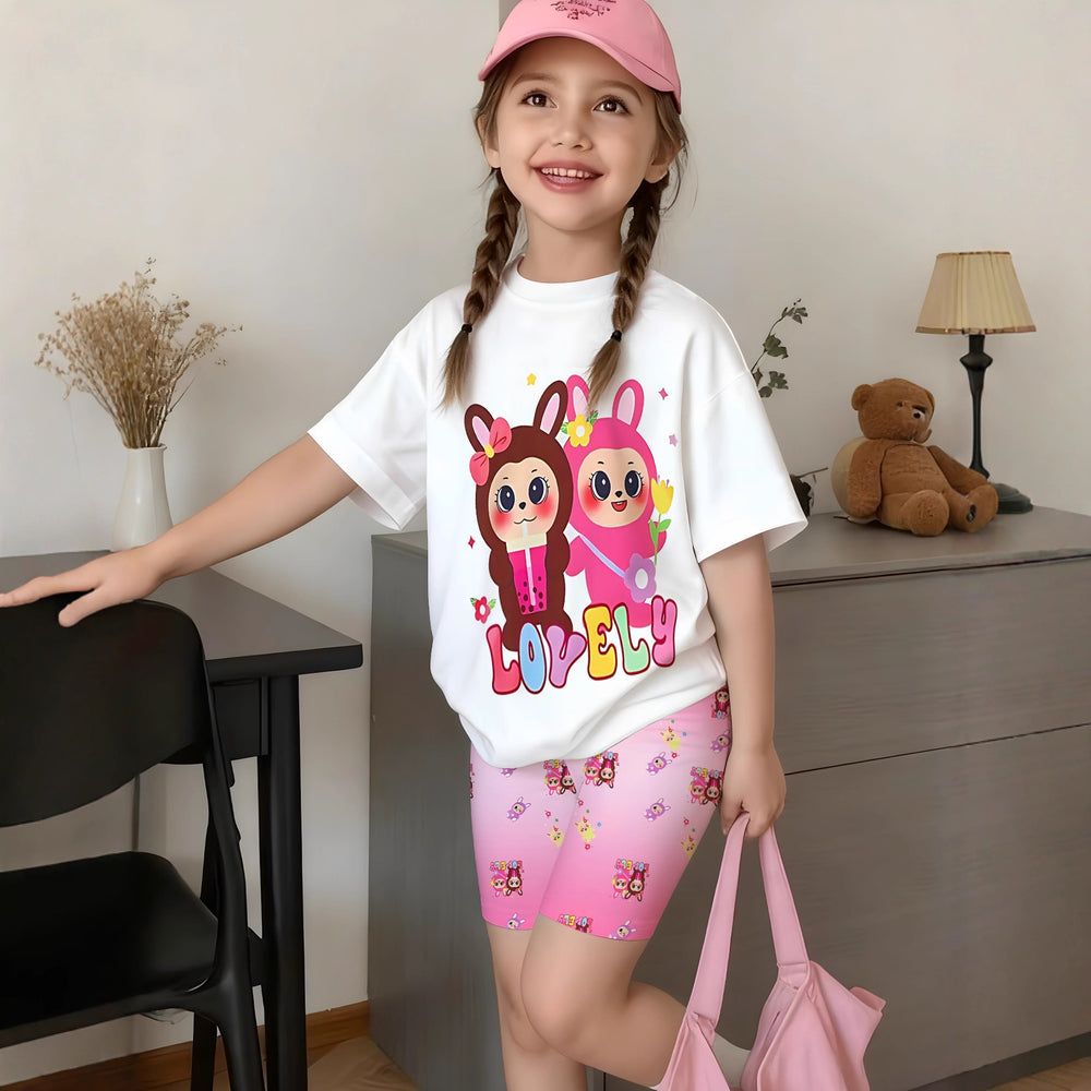 Girls' t-shirt and shorts set featuring a cartoon short-sleeve design and printed graphics, perfect for casual streetwear