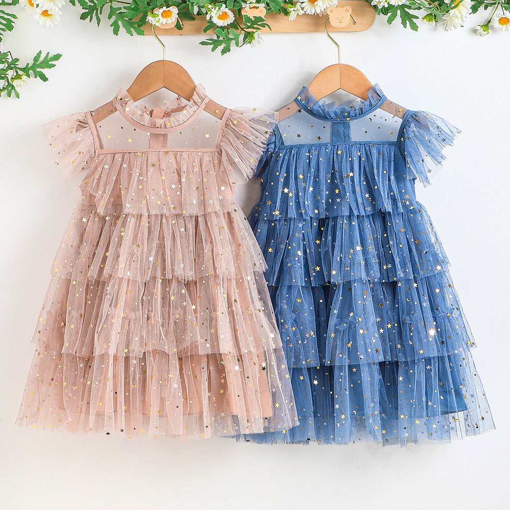 girls' ins-style mesh dress, ages 3-8, flutter sleeve dress, european and american solid color summer dress, cross-border e-commerce