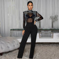C7579 cross-border   fashion women's sexy see-through mesh rhinestone long-sleeve jumpsuit