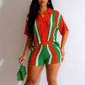 <vip客户>European and american style sexy women's cutout see-through color block turn-down collar knit shorts set</vip客户>