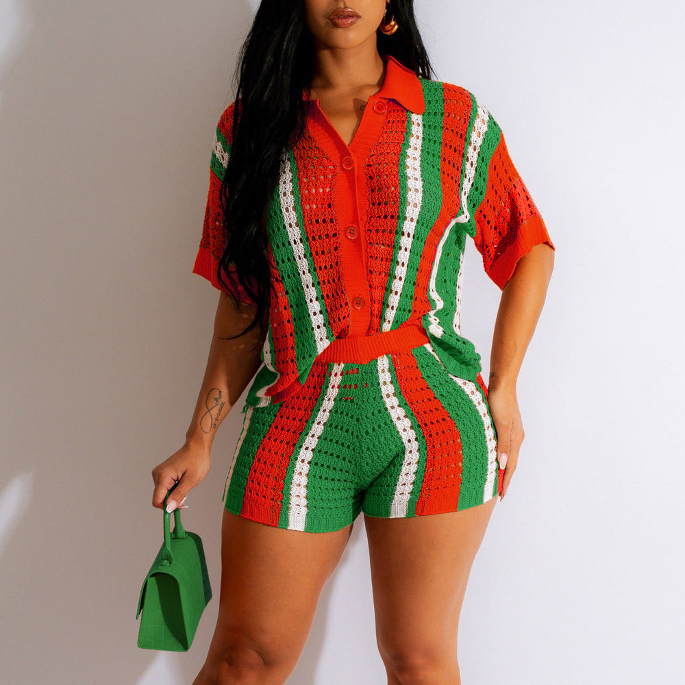 Amazon hot selling european and american women's clothing sexy women's cut out see-through contrast color lapel knitting shorts suit