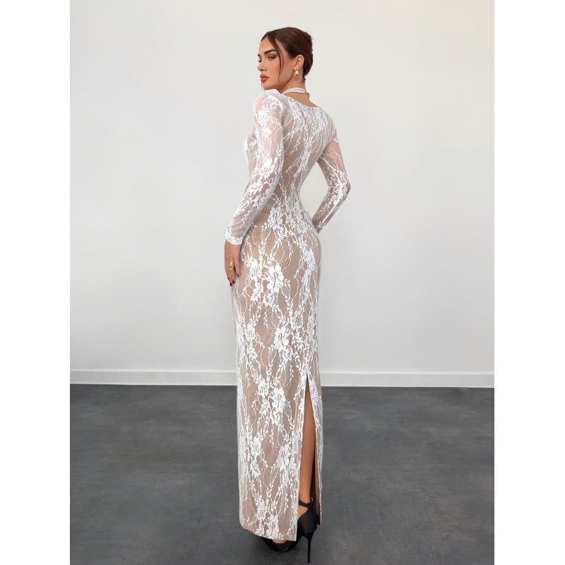 Women's lace romantic elegance square neck lace patchwork neckline long sleevesilmlongdress