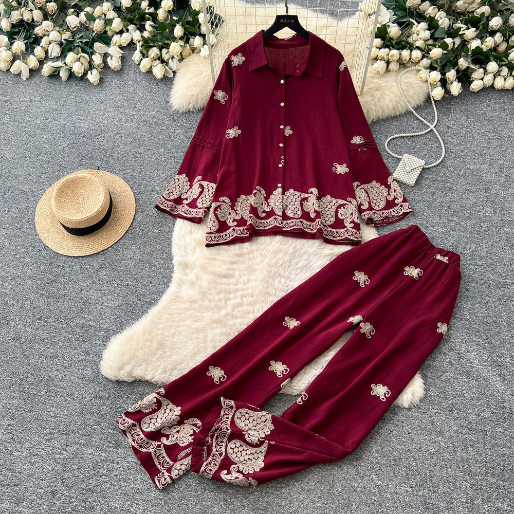 Vintage court style embroidered print elegant two-piece set - women's autumn polo collar slim fit wide leg pants - executive lady outfit