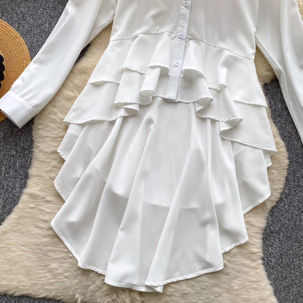 Korean style design lapel long sleeve shirt dress women's summer ruffle asymmetrical midi dress commute elegant