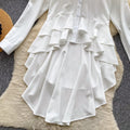 Korean style design lapel long sleeve shirt dress women's summer ruffle asymmetrical midi dress commute elegant