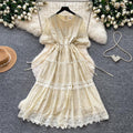 French chic a-line dress - women's summer korean style short sleeve waist-defining lace trim maxi dress