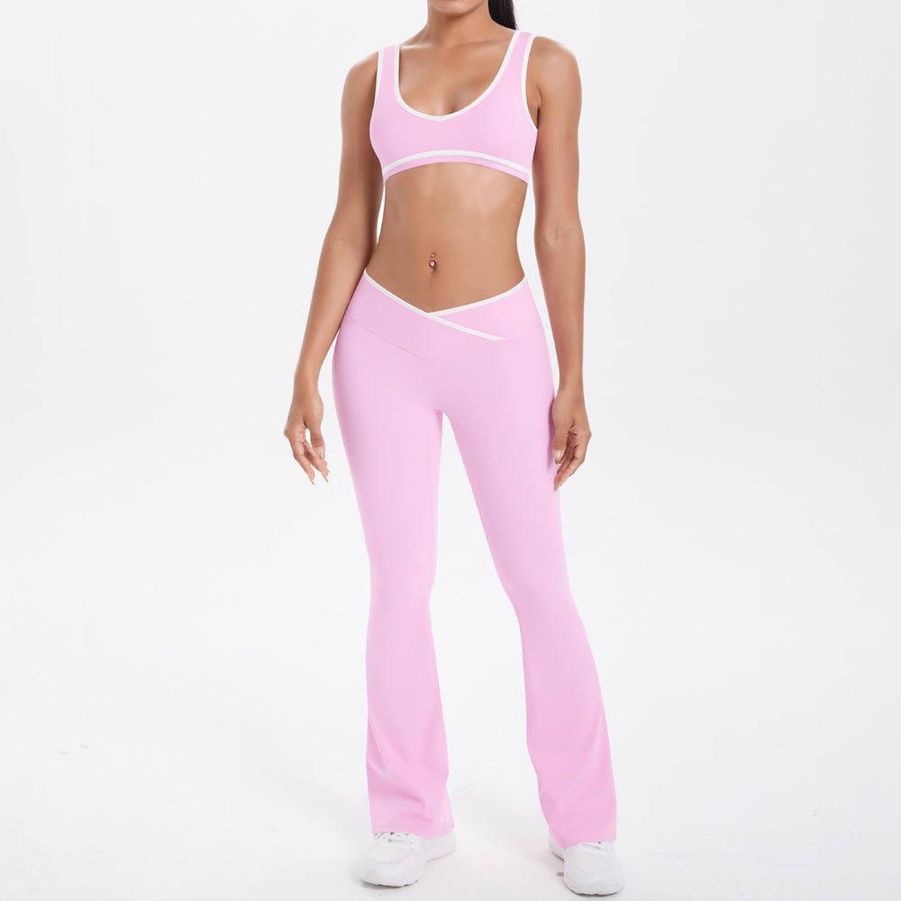 New arrival cross-border double-sided brushed contrast color tight breathable cross wide-leg yoga suit sports running fitness women