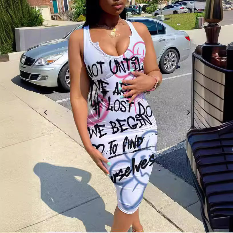 European and american cross-border fashion women's clothing:  summer new sleeveless u-neck graffiti print bodycon mini dress