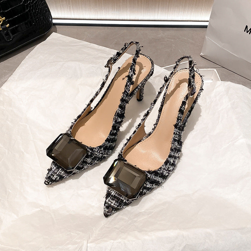 Yx stiletto heel french chic peep-toe sandals - women's 2026 autumn new collection - elegant pointed-toe slingbacks in tweed
