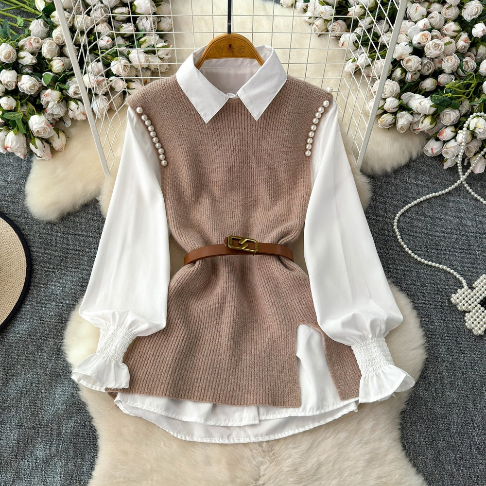 Autum shirt shirt plus knittingvesttwo-piece set female classy sense tweed style foreign style age reduction petitessuit