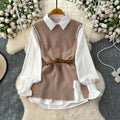 Autum shirt shirt plus knittingvesttwo-piece set female classy sense tweed style foreign style age reduction petitessuit