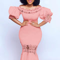 Independent station women's one-line collar puff sleeves lacepatchwork banquet fishtail dress long skirt cross-border foreign trade dress