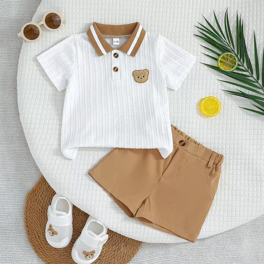 Children's clothing white polo shirt + brown shorts fashioncasualtwo-piece set