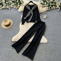 Women's casual knit set: autumn oversized loungewear - striped knit top & wide-leg pants