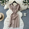 K-stylesexyv neck short-sleeved metal button knittingdress women's summer oblique shoulder slimming look silmelegant hip skirt
