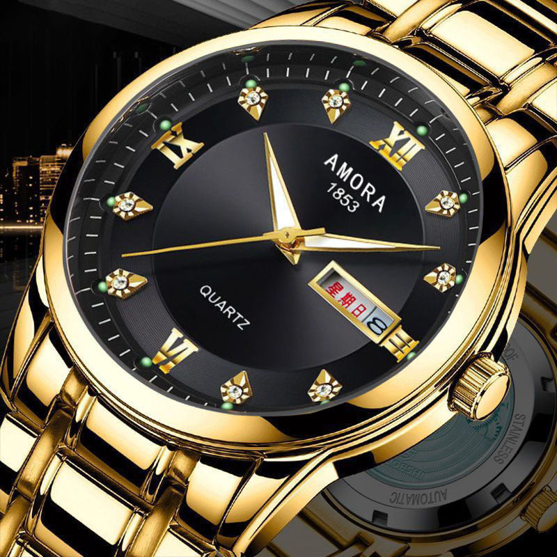 Xiangshiman fully automatic movement non-mechanical men watch double calendar luminous waterproof business steel wrist quartz watch