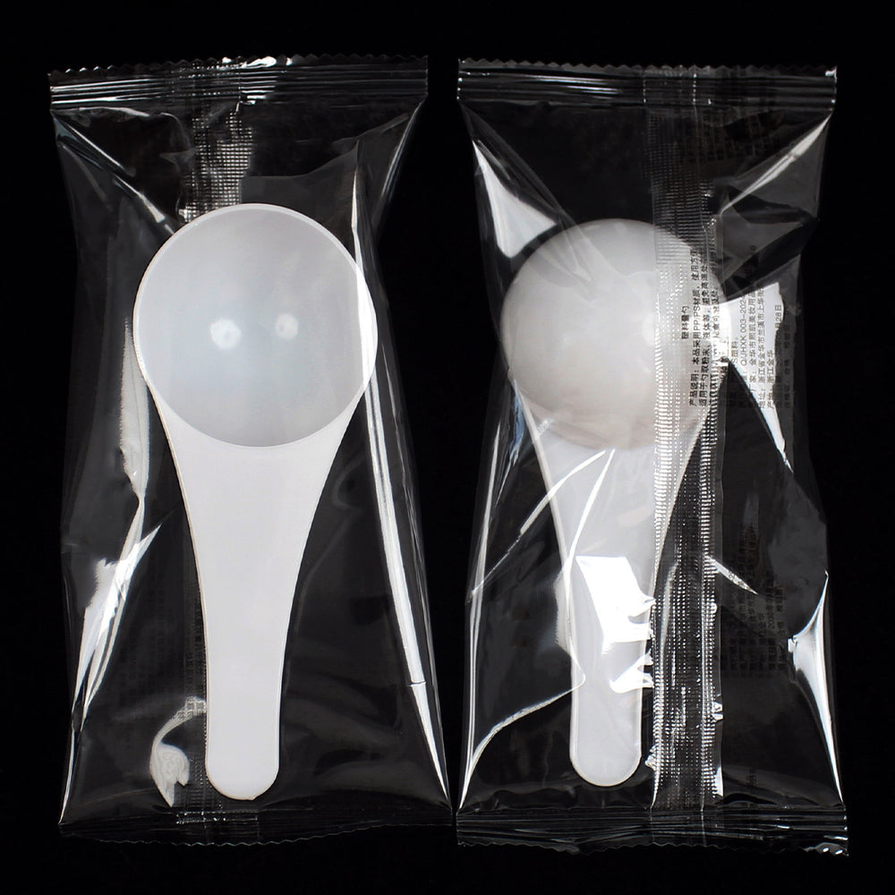 Individually wrapped 30ml plastic measuring spoons - round bottom, suitable for fertilizer, agricultural use, laundry detergent. non-edible, holds 30g