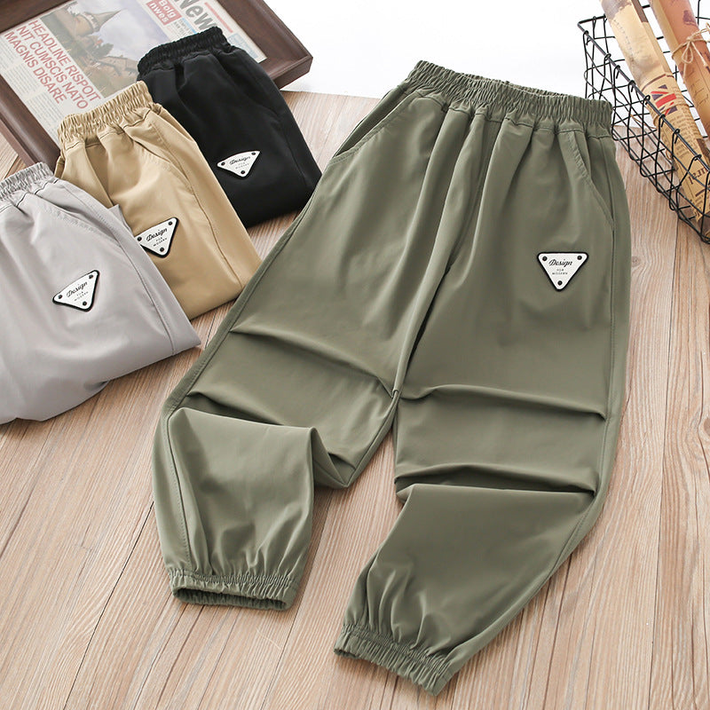 Boys' summer lightweight ice silk pants - quick-dry, mid-to-large size, casual sports trousers with elastic cuffs - mosquito-proof
