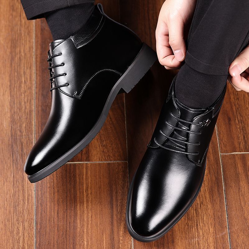 Men's winter cotton shoes, fleece-lined warm & thickened leather boots, sheepskin shearling boots, business genuine leather high-top shoes