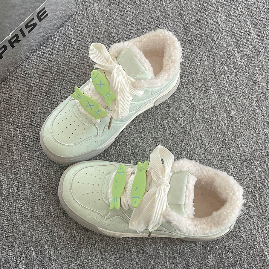 Niche style design fleece-lined cartoon sneakers for women 2026new arrivalwintereasiest for matchthick solewhite shoesheattechcasual shoes