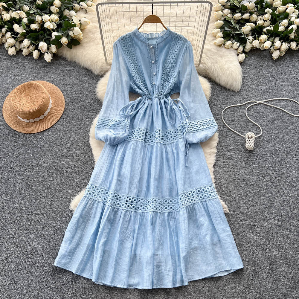French court style puff sleeve dress - women's autumn hollow-out crochet drawstring waist elegant chic maxi dress
