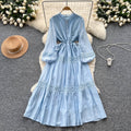 French court style puff sleeve dress - women's autumn hollow-out crochet drawstring waist elegant chic maxi dress