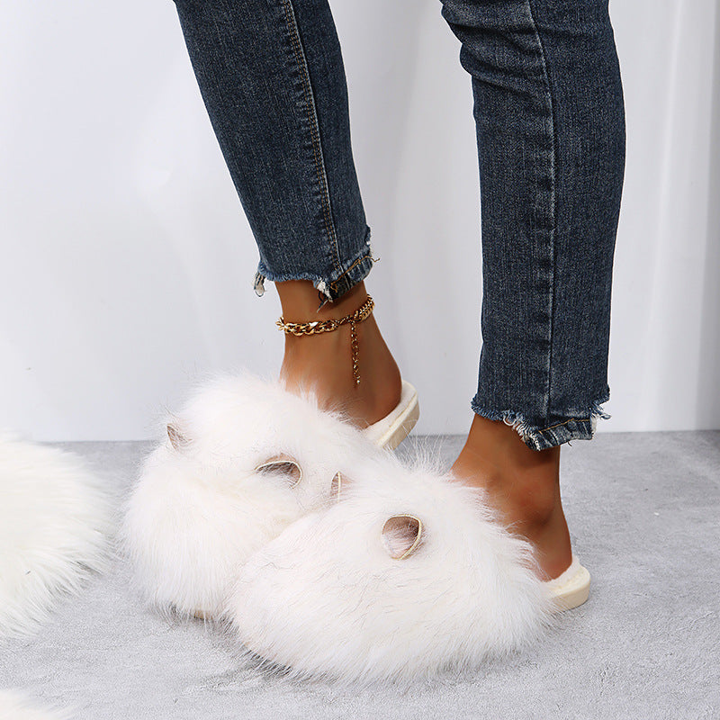 cute fur slippers for women 2024fall and winternew arrivalplus sizefleece-lined cotton slippers heattech toe-cap half slippers
