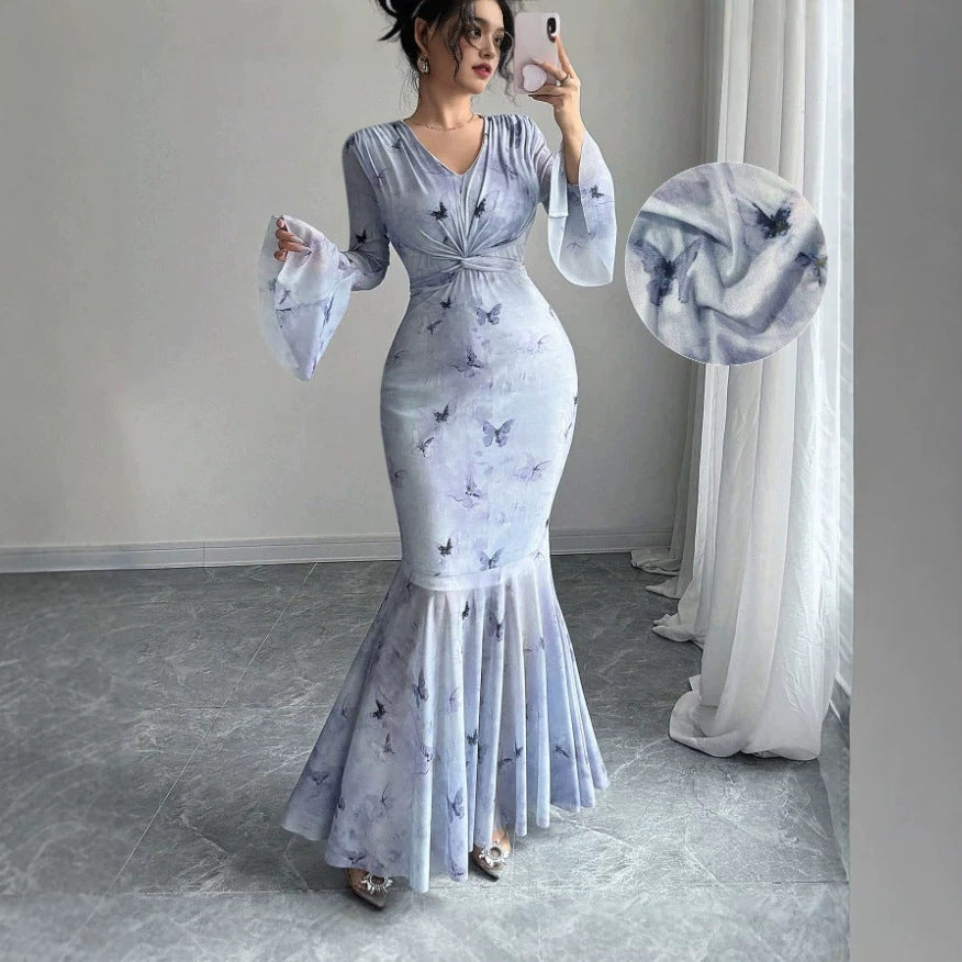 new chinese style one-shoulder long sleeve dress - women's autumn sexy slim-fit bodycon mermaid tail evening gown