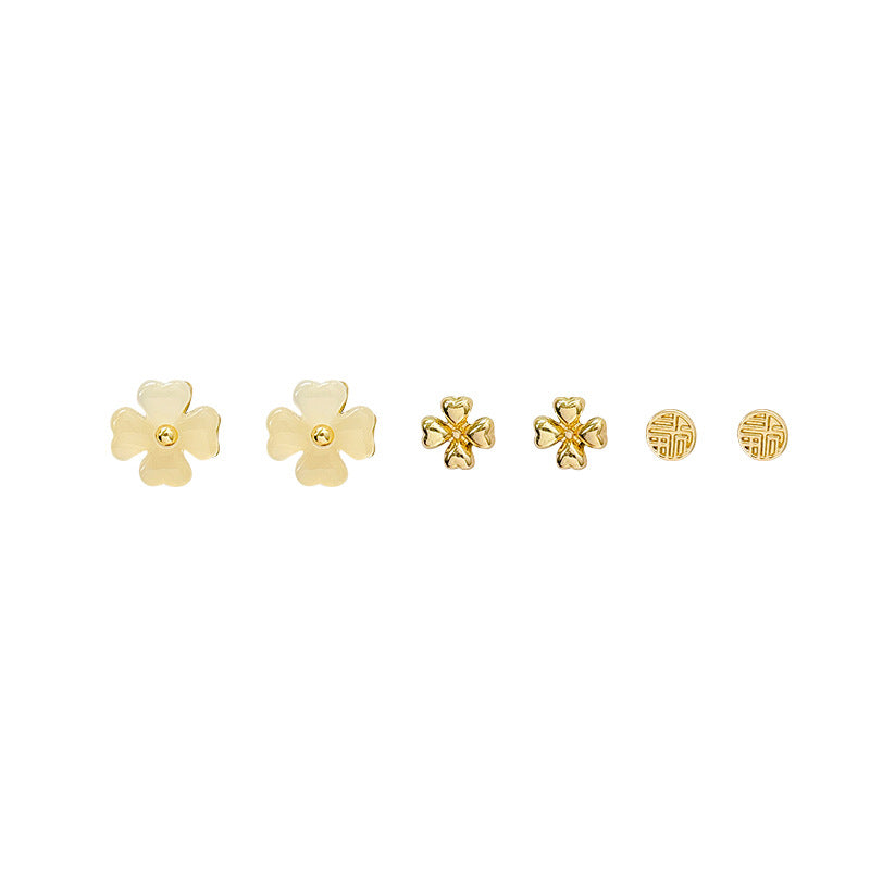 French retro cat's eye flower stud earring set - delicate, versatile, and comfortable for all-day wear (sleep-friendly, gentle on pierced ears)