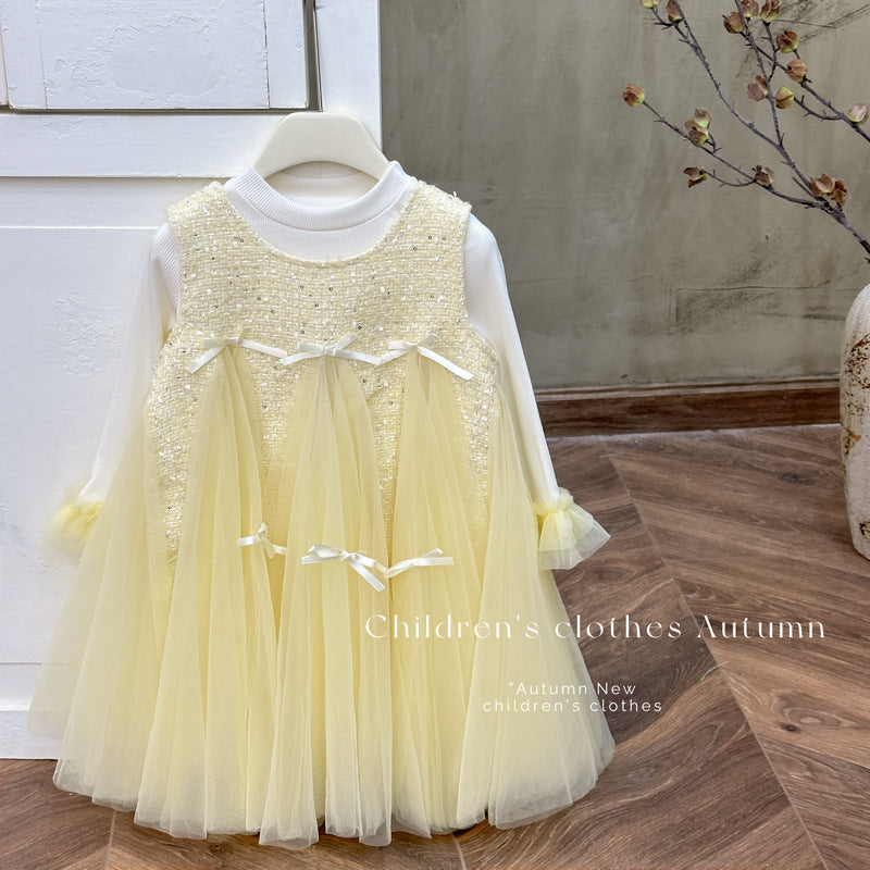 Girls' dress - new autumn  collection: stylish and sweet mesh skirt, chanel-inspired patchwork dress with bow detail, perfect for special occasions