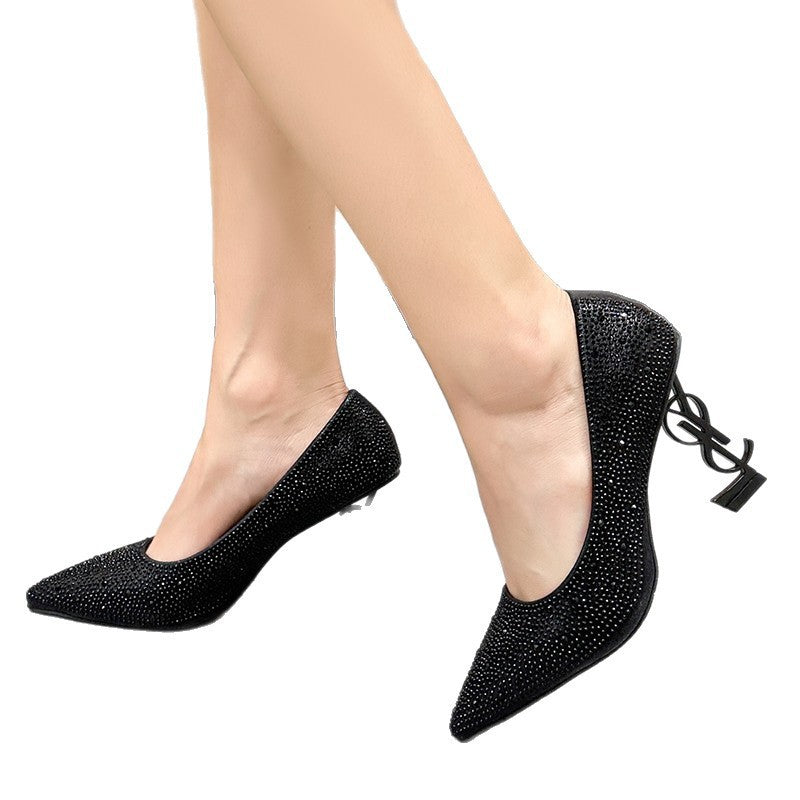 European and american solid color full rhinestone hotfix heels women's 2026 summer new pointed toe letter heel banquet model high heels