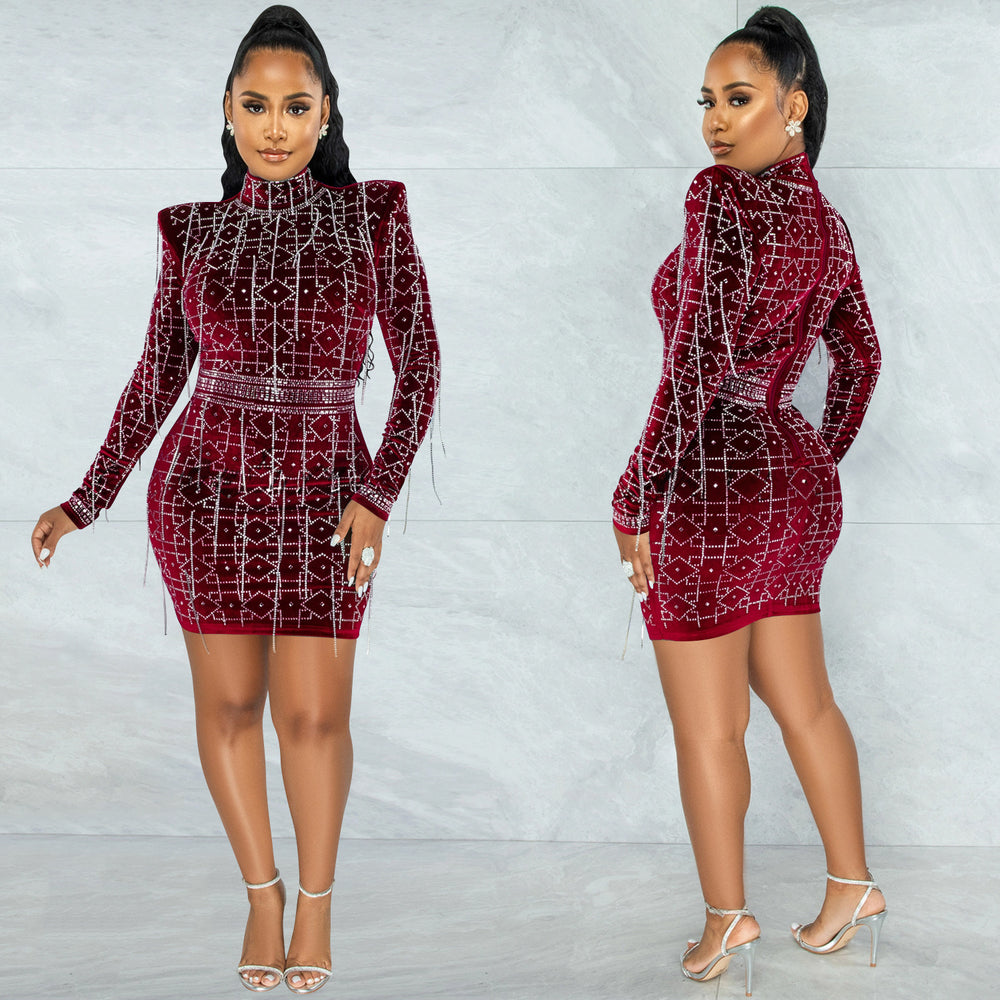 X5528 cross-border  fashion new product nightclub sexy hot diamond women's long-sleeved mid-skirt chain dress for women
