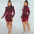 X5528 cross-border  fashion new product nightclub sexy hot diamond women's long-sleeved mid-skirt chain dress for women