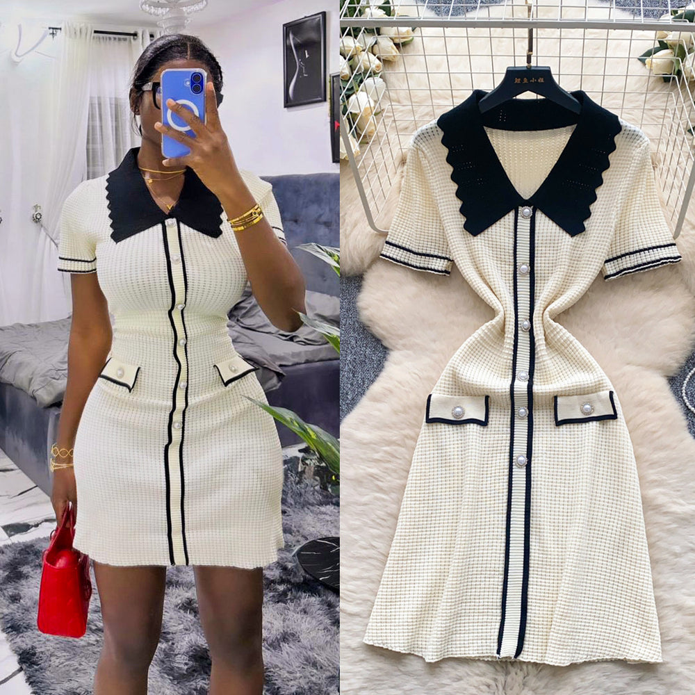 Frenchretrofashionablecontrast colorpolo collar short-sleeved dress women's summer metal buckle waist slimming lookknitting skirt