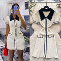 Frenchretrofashionablecontrast colorpolo collar short-sleeved dress women's summer metal buckle waist slimming lookknitting skirt