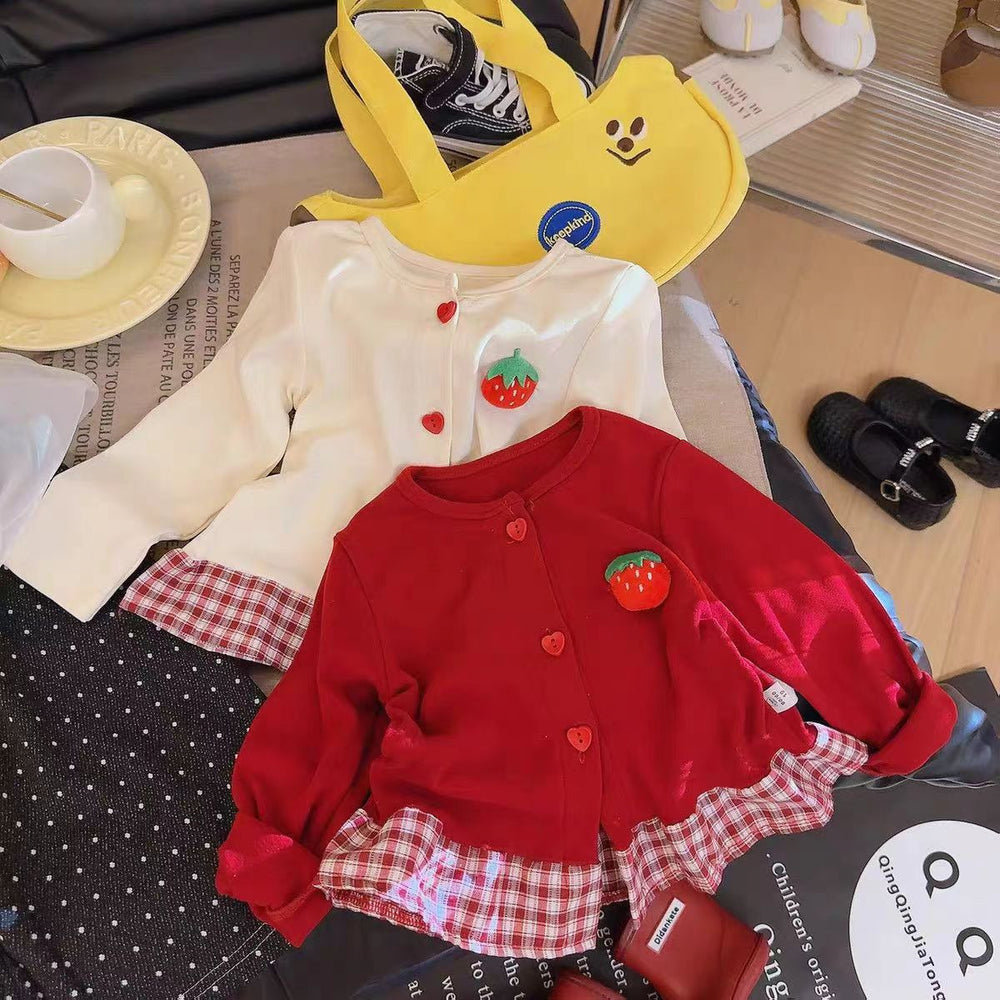 Girls' cute strawberry plaid lace-trimmed knit cardigan with skirt detail - new autumn sweet & chic long-sleeve top
