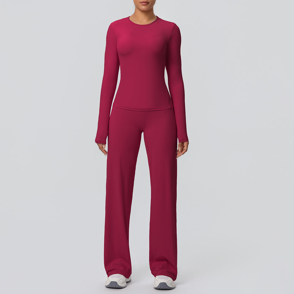 Cloud-feel outdoor casual yoga outfit: long-sleeve t-shirt top & high-waisted wide-leg active wear set for running and fitness
