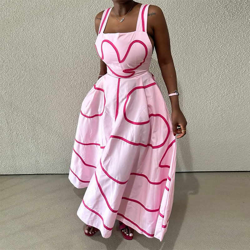 European and american cross-border women's fashion:  summer new collection - stylish square neck printed midi slip dress with cinched waist for a slimming silhouette