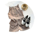 Girls' korean style gentle & elegant high-end suit: light coffee color exquisite gold buckle vest + matching shorts set