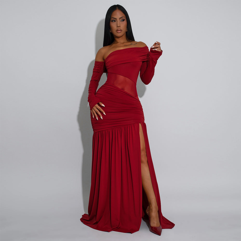 C7561 cross-border   fashion women's sexy bandeau see-through slit evening dress