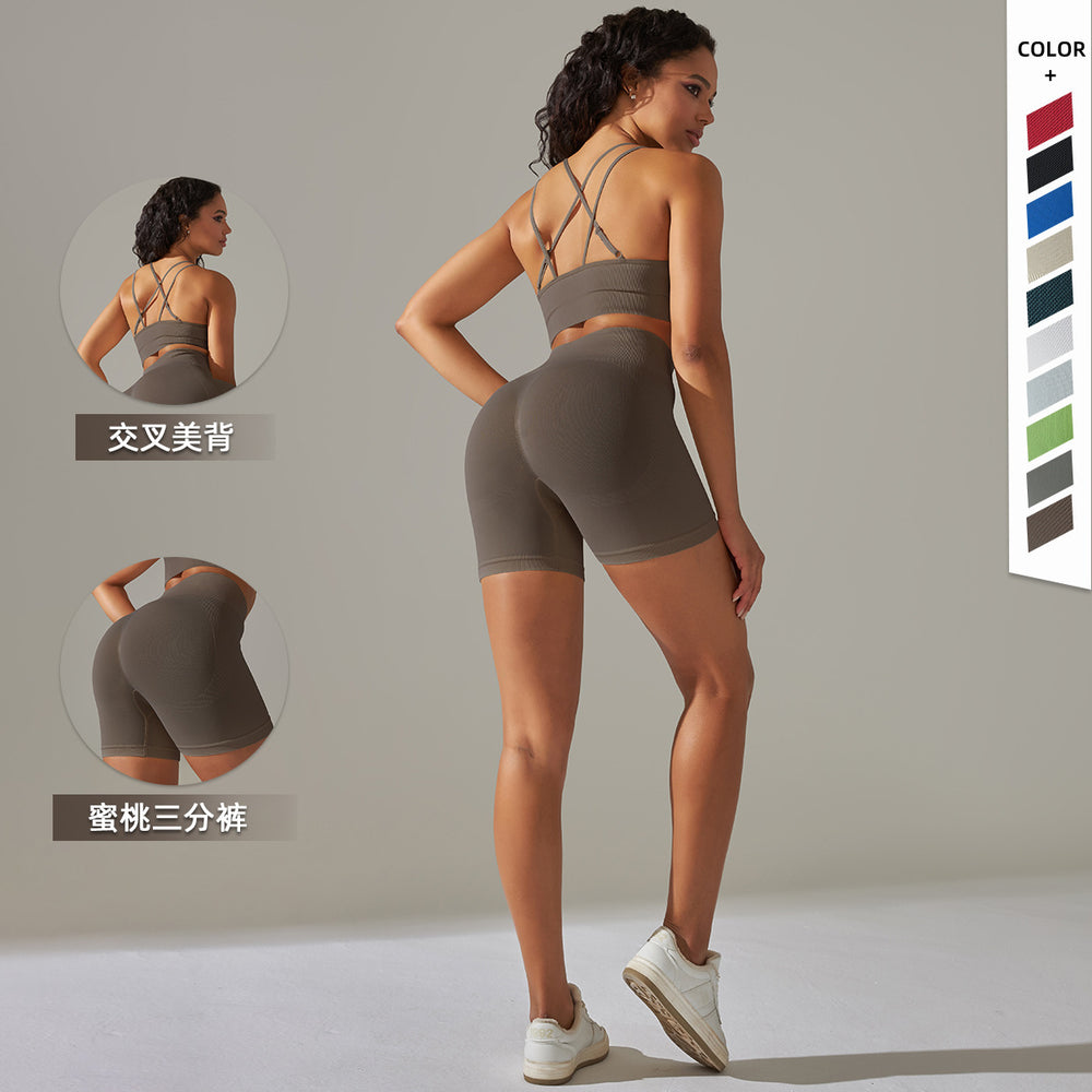 fashion seamless tight cross back sports intimates yoga suit running fitness shorts two-piece set