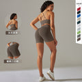 fashion seamless tight cross back sports intimates yoga suit running fitness shorts two-piece set