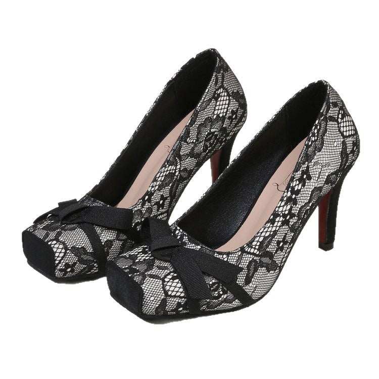 plus size back hollow flatsbows red bottom flatsnew arrivallace mesh square toe thin heel high heels