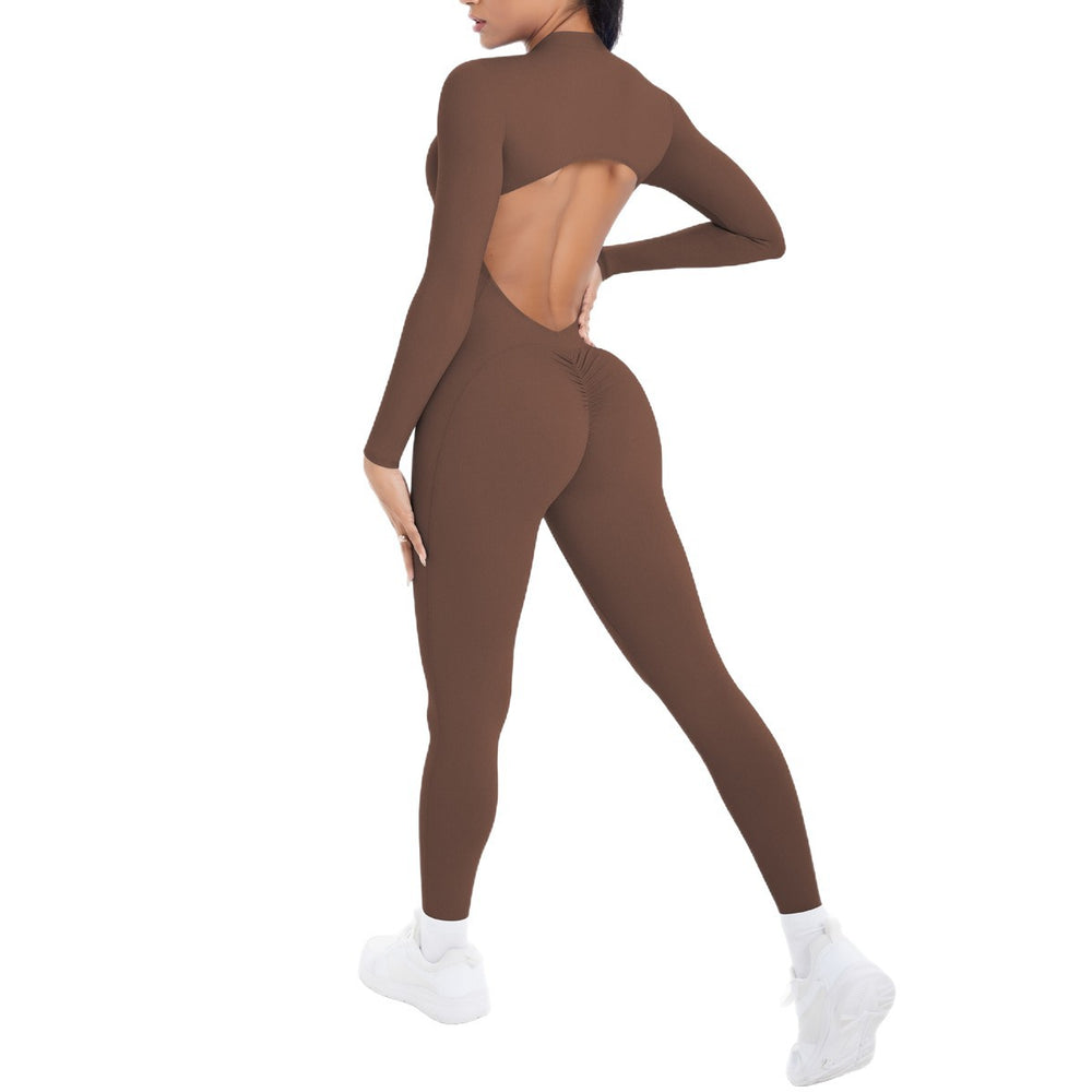 New arrival cross-border double-sided brocade pure color beautiful back cut outlong sleeves jumpsuit sports running fitness yoga wear jumpsuit