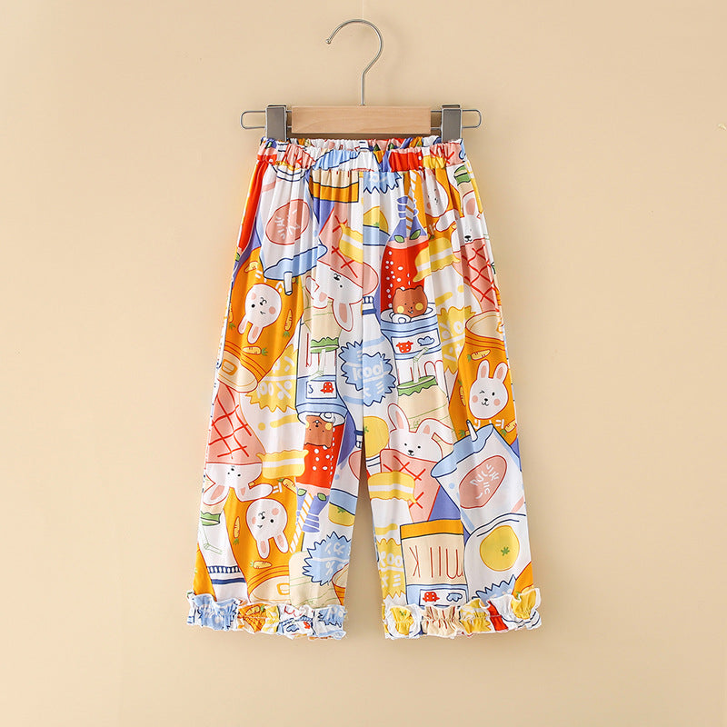 Girls' rayon summer lightweight pajama pants - cartoon print, loose fit, breathable, can be worn outdoors, cropped length